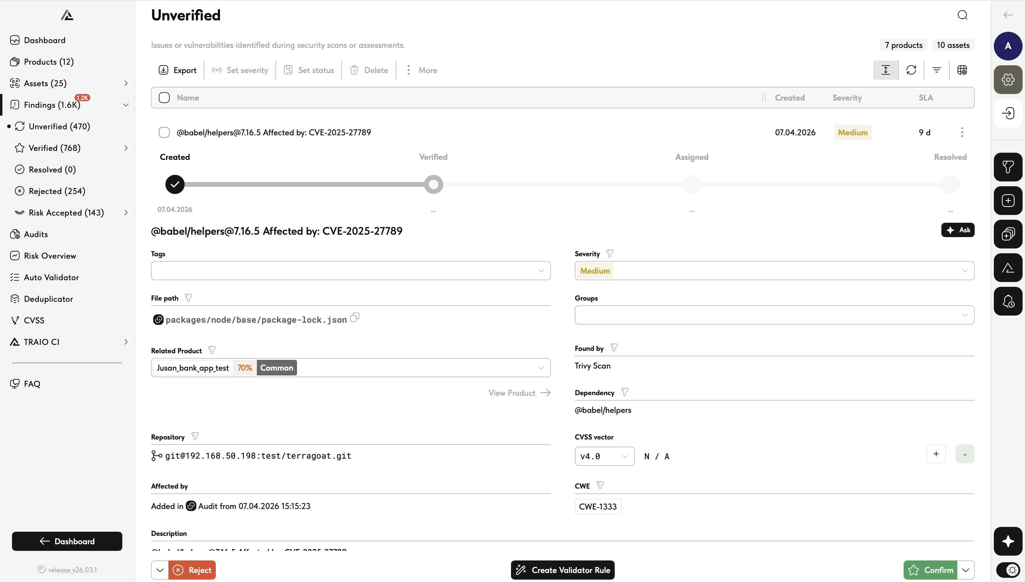TRAIO Finding detail — CVE, CVSS, lifecycle, actions